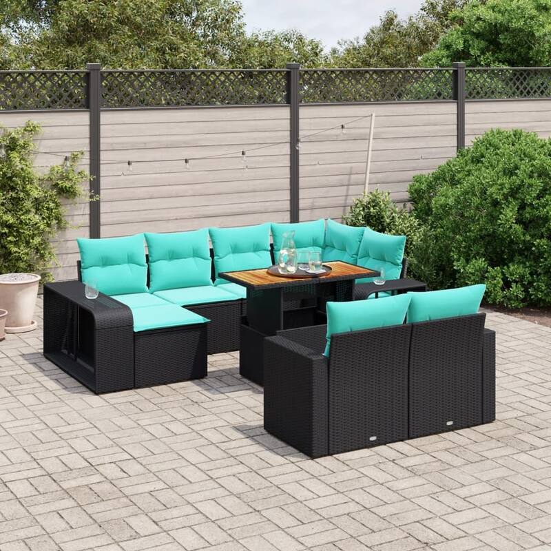 vidaXL Patio Sofa Set with Cushions Table and Couches 11 Piece Poly Rattan - Black and blue Wood