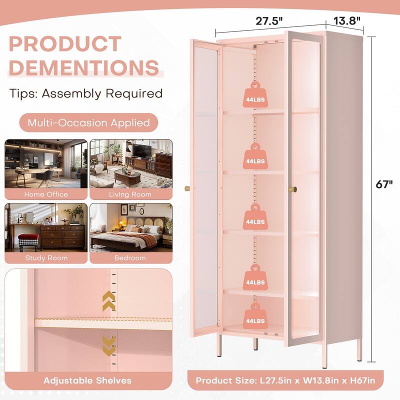 4/5-Tier Glass Curio Display Cabinet with Doors & Adjustable Storage Shelves