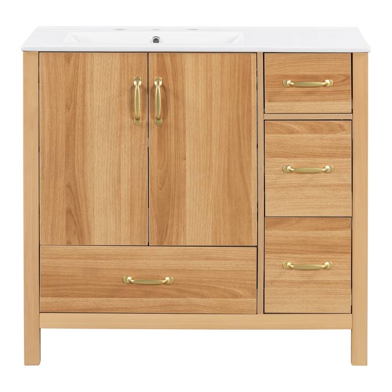 Wood Bathroom Vanity with Sink, Free Standing Single Basin Vanity, Storage Cabinet with 2 Doors & 4 Soft-Closing Drawers