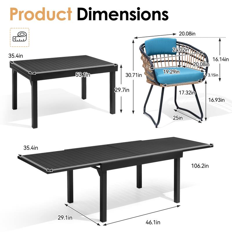 VredHom 11PC Outdoor Patio Extendable Table Dining Sets Table with Rattan Chairs