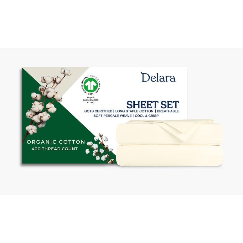 Delara 100% Organic Cotton Percale Sheet Set, GOTS Certified, 400 Thread Count, Ultra Soft, Smooth & Breathable