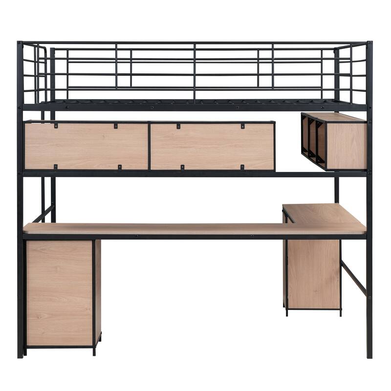 Full Metal Loft Bed with Bookcase, Desk, Cabinet, and Guardrail