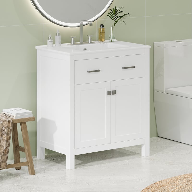 30" Bathroom Vanity with Ceramic Sink, Modern White Single Bathroom Cabinet with 2 Doors and a Shelf, Soft Close Doors