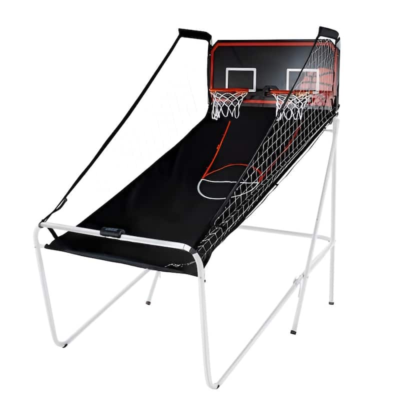 Black-White Steel Dual Hoop Basketball Arcade Game with 8 Games and Foldable Frame - 82” L x 44” W x 81” H - White/Black