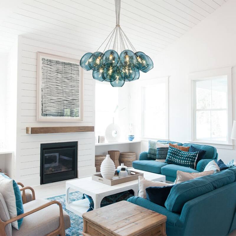 19-Light Modern Blue Seeded Glass Cluster Bubble Chandelier - 30.9in