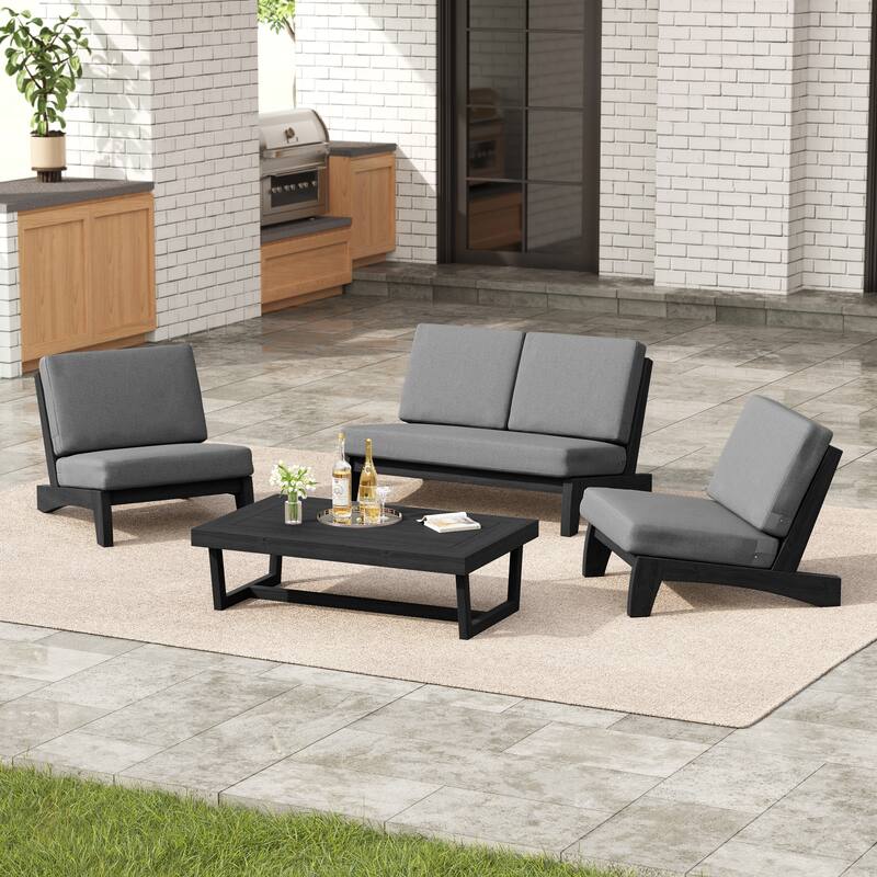4 Set Outdoor Patio Teak Wood Club Chairs Loveseat with Cushion