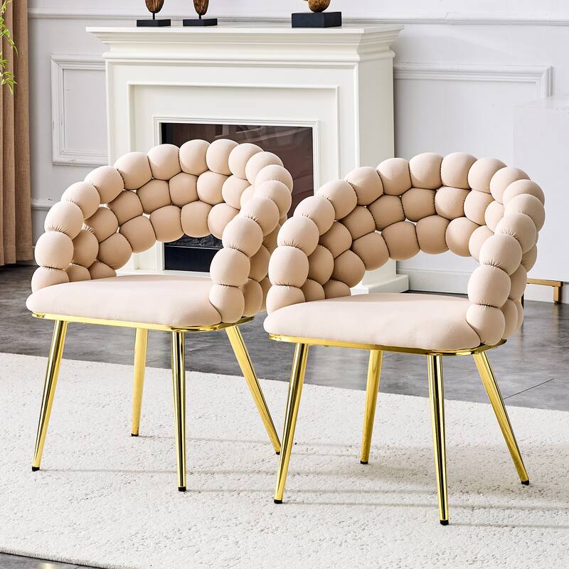 Set of 2, Velvet Dining Chairs with Metal Legs, Modern Accent Chairs for Dining Room & Kitchen - Beige,Gold