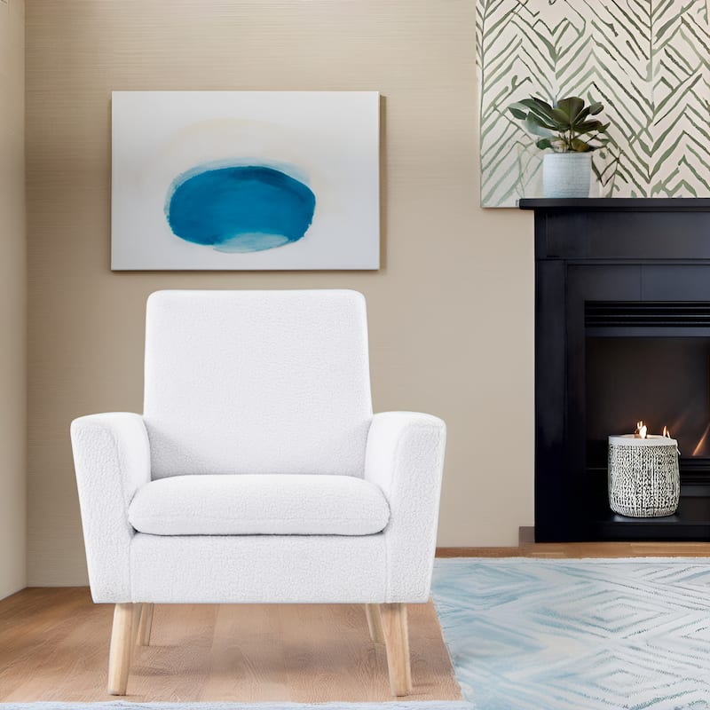 Mid-Century Accent Chair, Wooden Frame Armchair with Soft Teddy Fleece