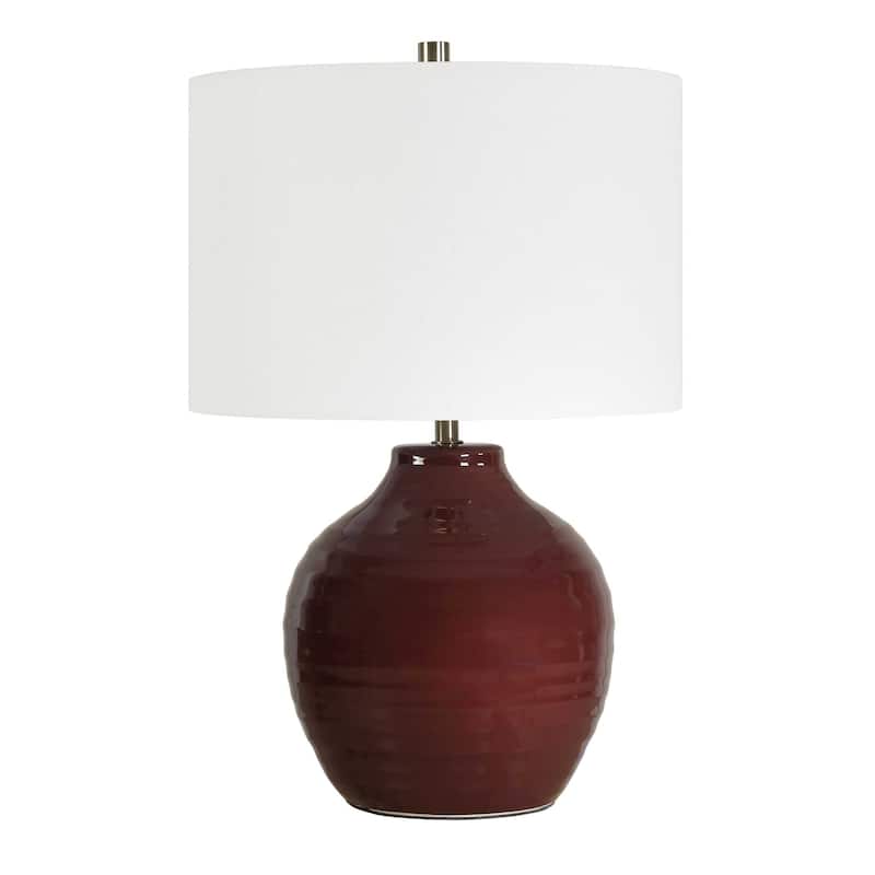 Porch & Den Ruby Red Ceramic Brass Linen Shade Vase Table Lamp