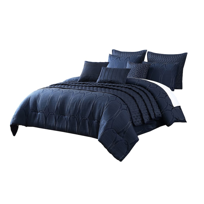 10 Piece King Polyester Comforter Set with Geometric Oblong Print, Dark Blue