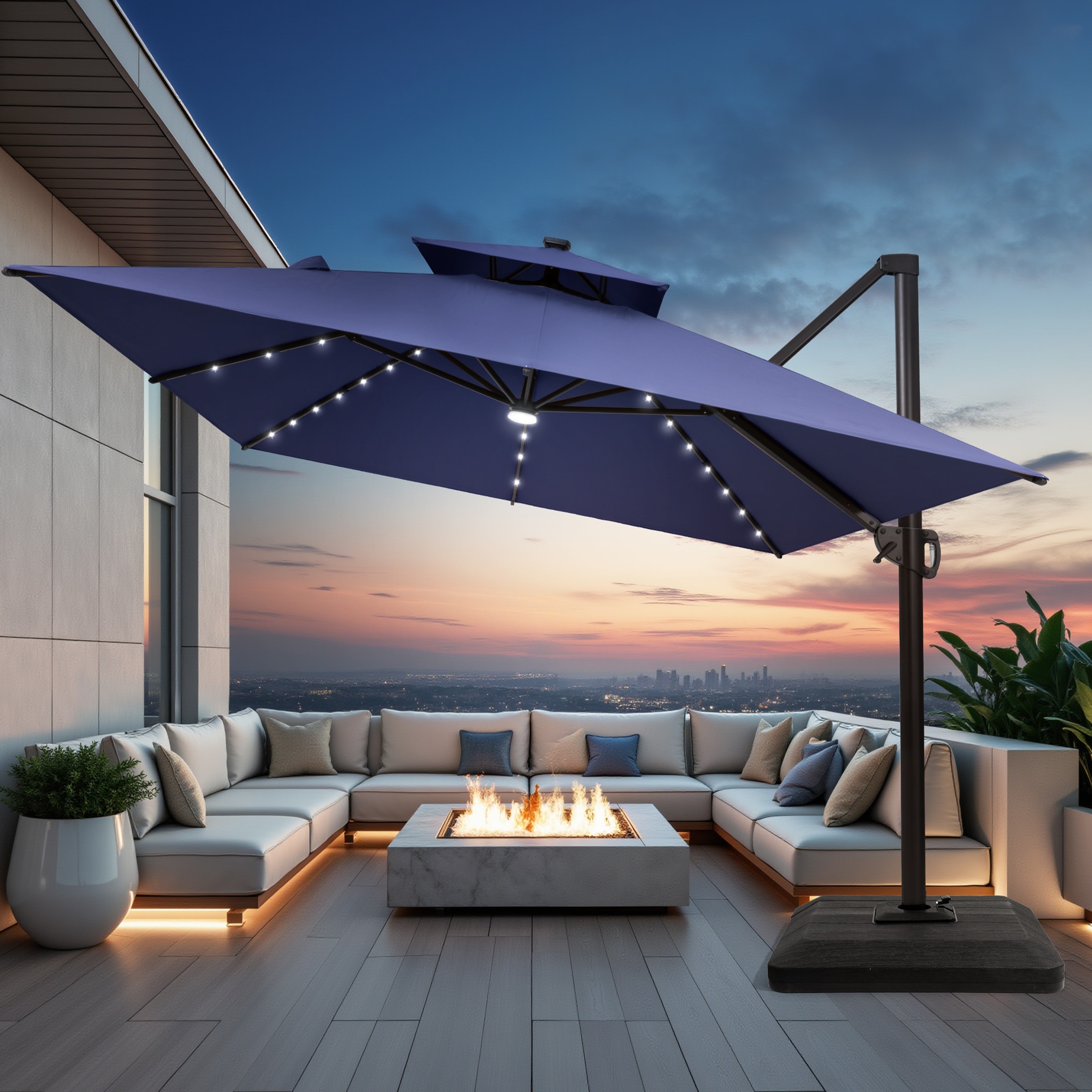10X13 FT Outdoor Aluminum Cantilever Patio Umbrella Solar LED Light with Weights Base