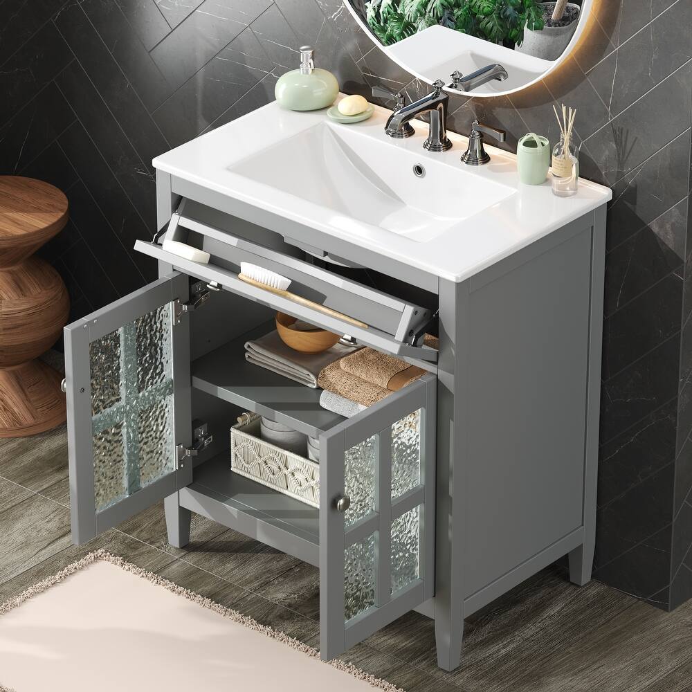 30" Modern Bathroom Vanity Set with Ceramic Sink - Adjustable Shelf & Tip-Out Tray, Soft-Close Hinges, Silver Knobs