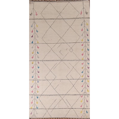 Earth Tone Moroccan Oriental Area Rug Hand-Knotted Beige Wool Carpet - 6'1" x 12'6"