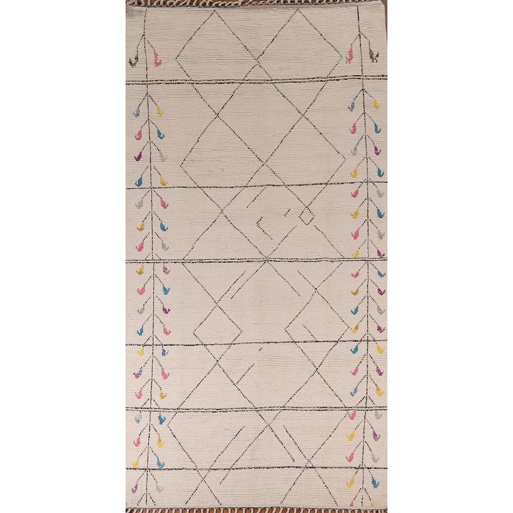 Earth Tone Moroccan Oriental Area Rug Hand-Knotted Beige Wool Carpet - 6'1" x 12'6"