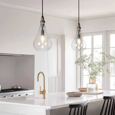 Luray Rustic Farmhouse 1-light Wood Glass Drop Kitchen Island Pendant Light - W5.9" x H11.8"