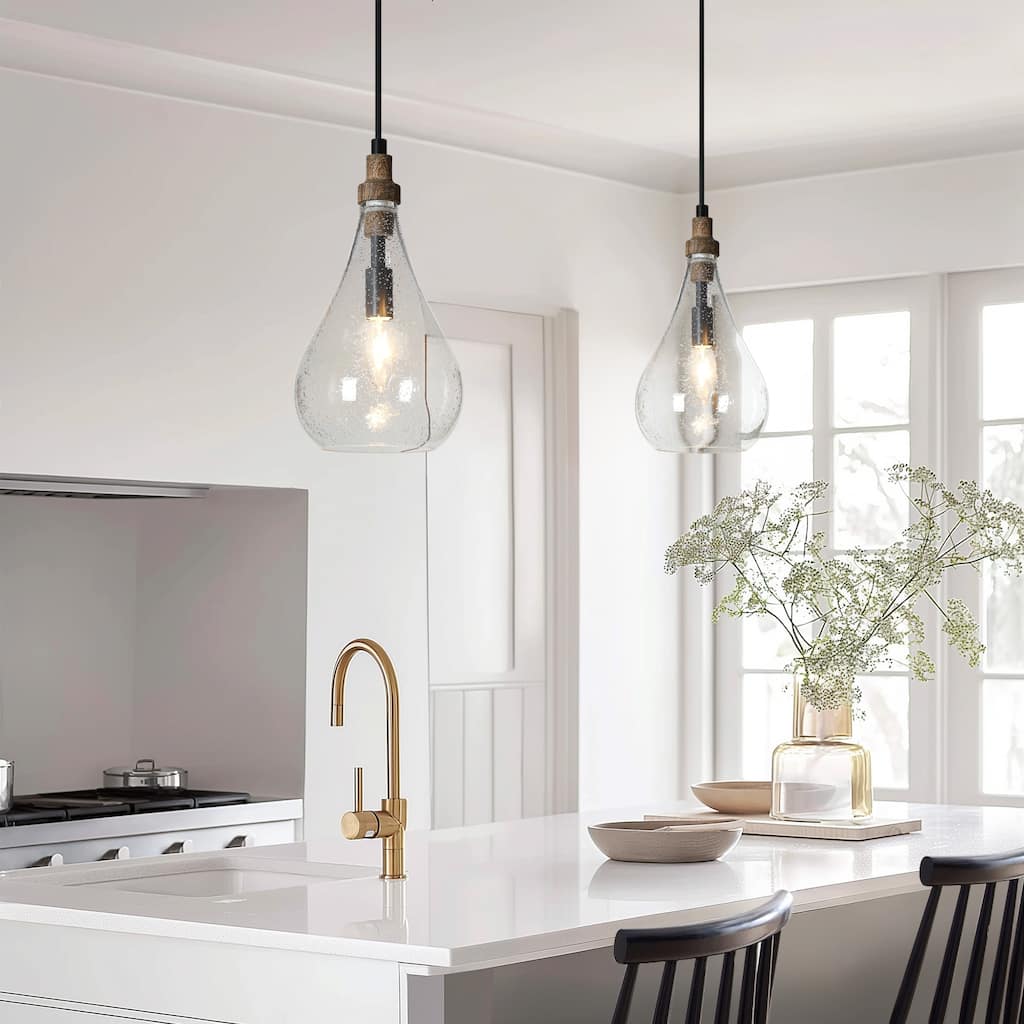 Luray Rustic Farmhouse 1-light Wood Glass Drop Kitchen Island Pendant Light - W5.9" x H11.8"