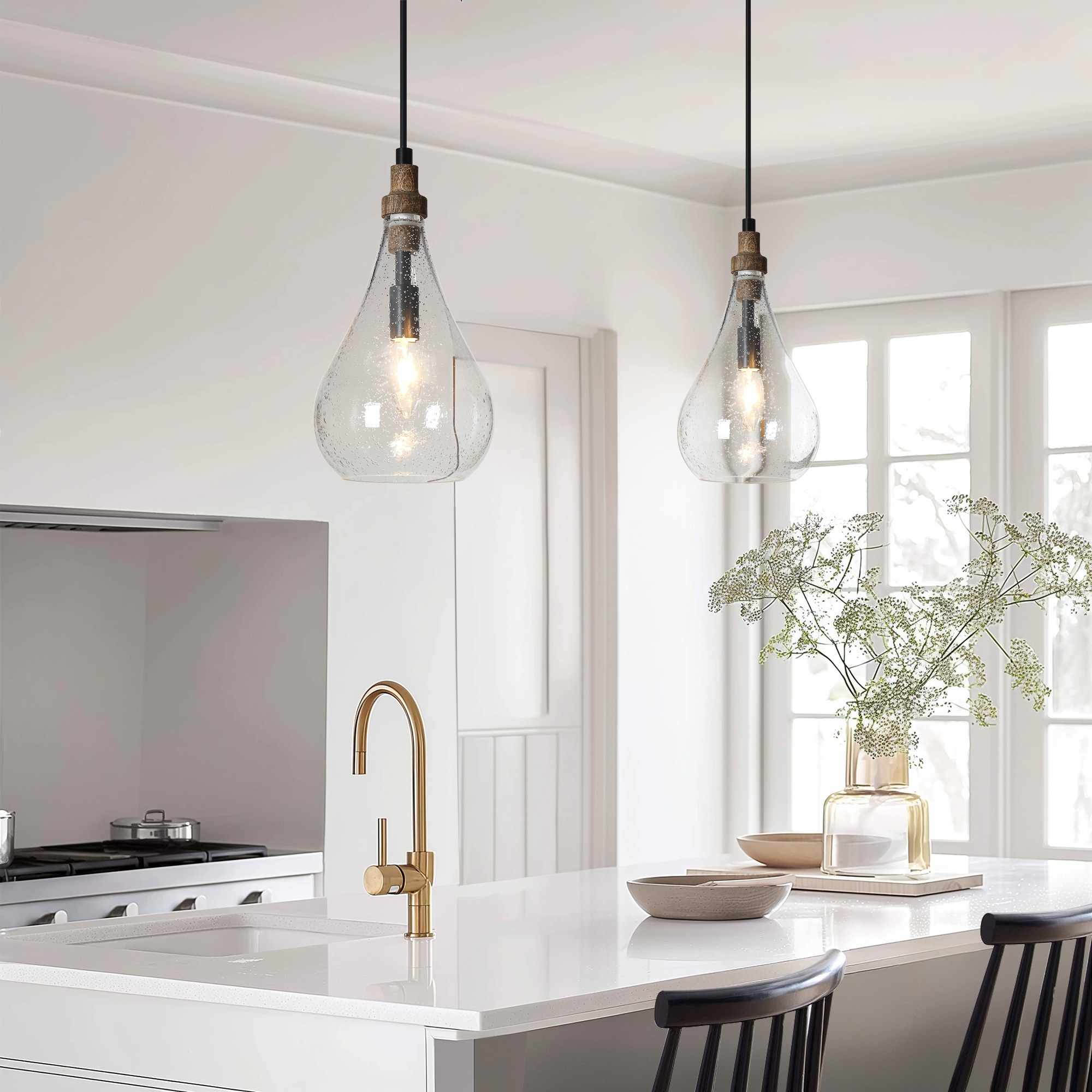 Luray Rustic Farmhouse 1-light Wood Glass Drop Kitchen Island Pendant Light - W5.9" x H11.8"