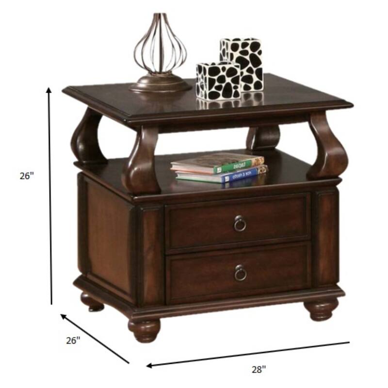 26" Versatile Solid Wood End Table with 2 Drawers and Open Shelf Brown Walnut Finish for Living Room - 28”L x 26”W x 26”H