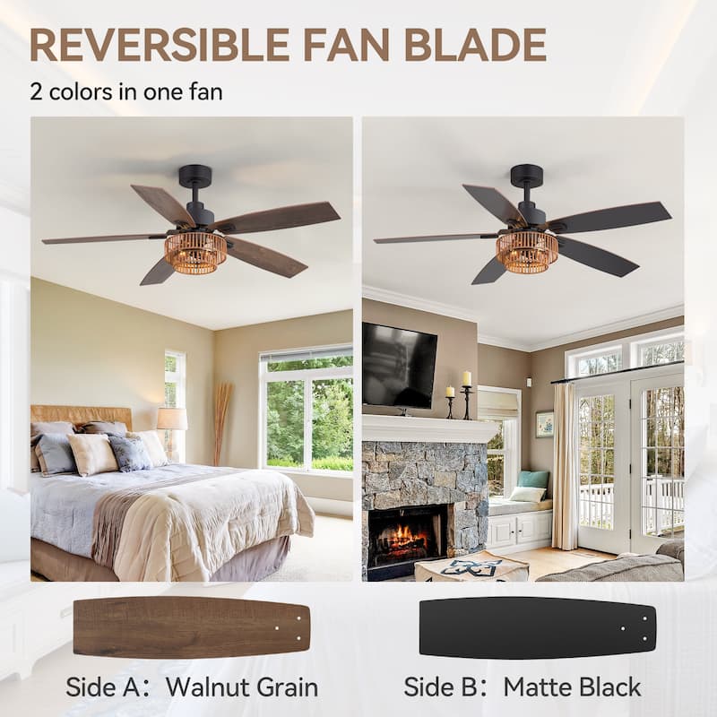 52" Farmhouse Reversible 5-Blade Ceiling Fan with Light and Remote
