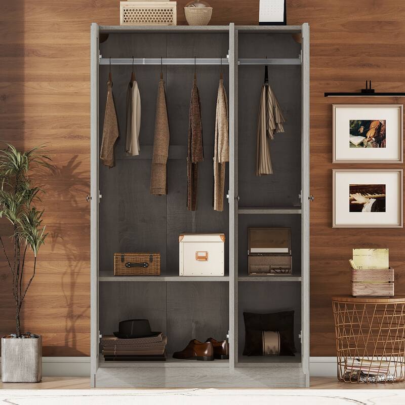 3-Door Wardrobe Grey Closet Storage Cabinet with Shelves & Hanging Rod - Gray