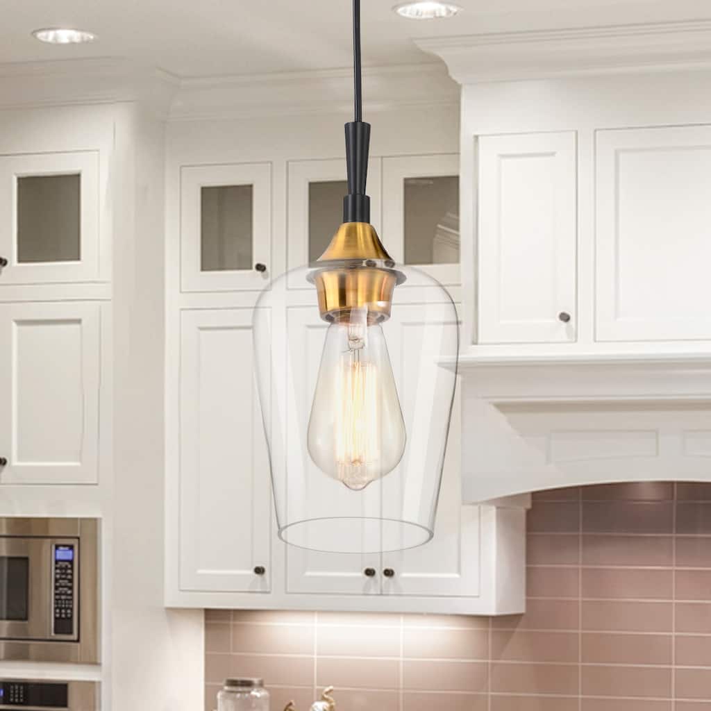 Black and Antique Brass 1-Light Modern Mini Pendant with Clear Glass Shade