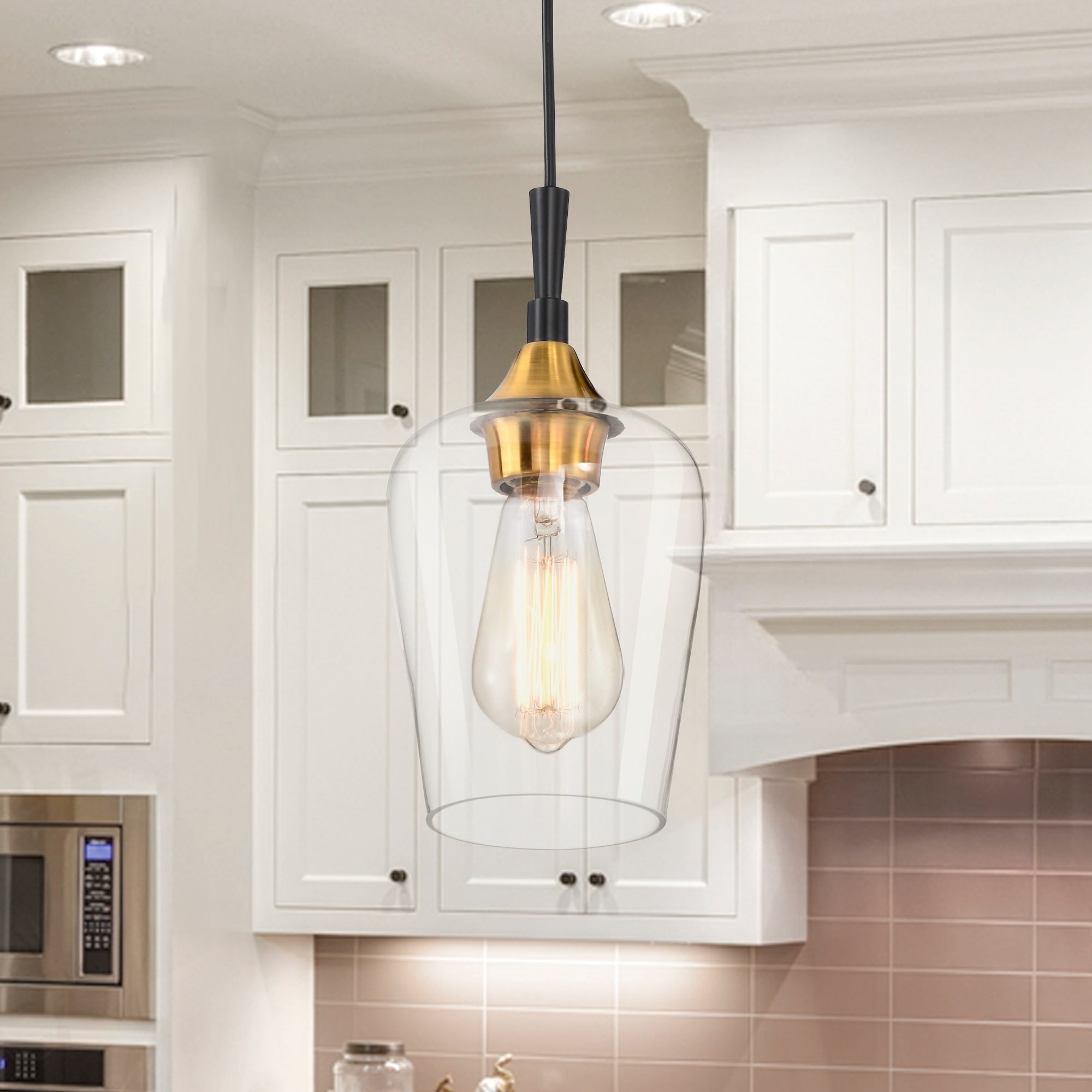 Black and Antique Brass 1-Light Modern Mini Pendant with Clear Glass Shade
