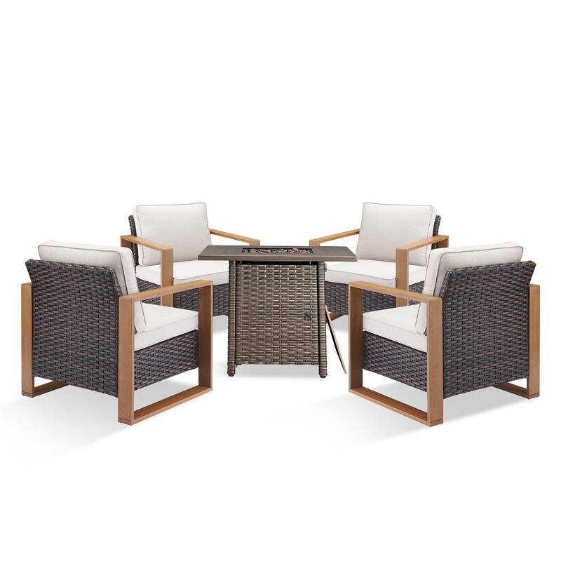 Pocassy 5 Pieces Outdoor All-Weather Chair with Fire Table Set