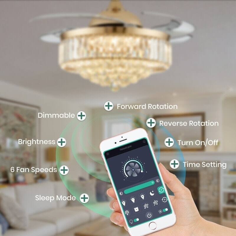 48 in. Crystal Ceiling Fan with Lights Remote Control Retractable Dimmable Fandelier Reversible LED Ceiling Fan for Bedroom