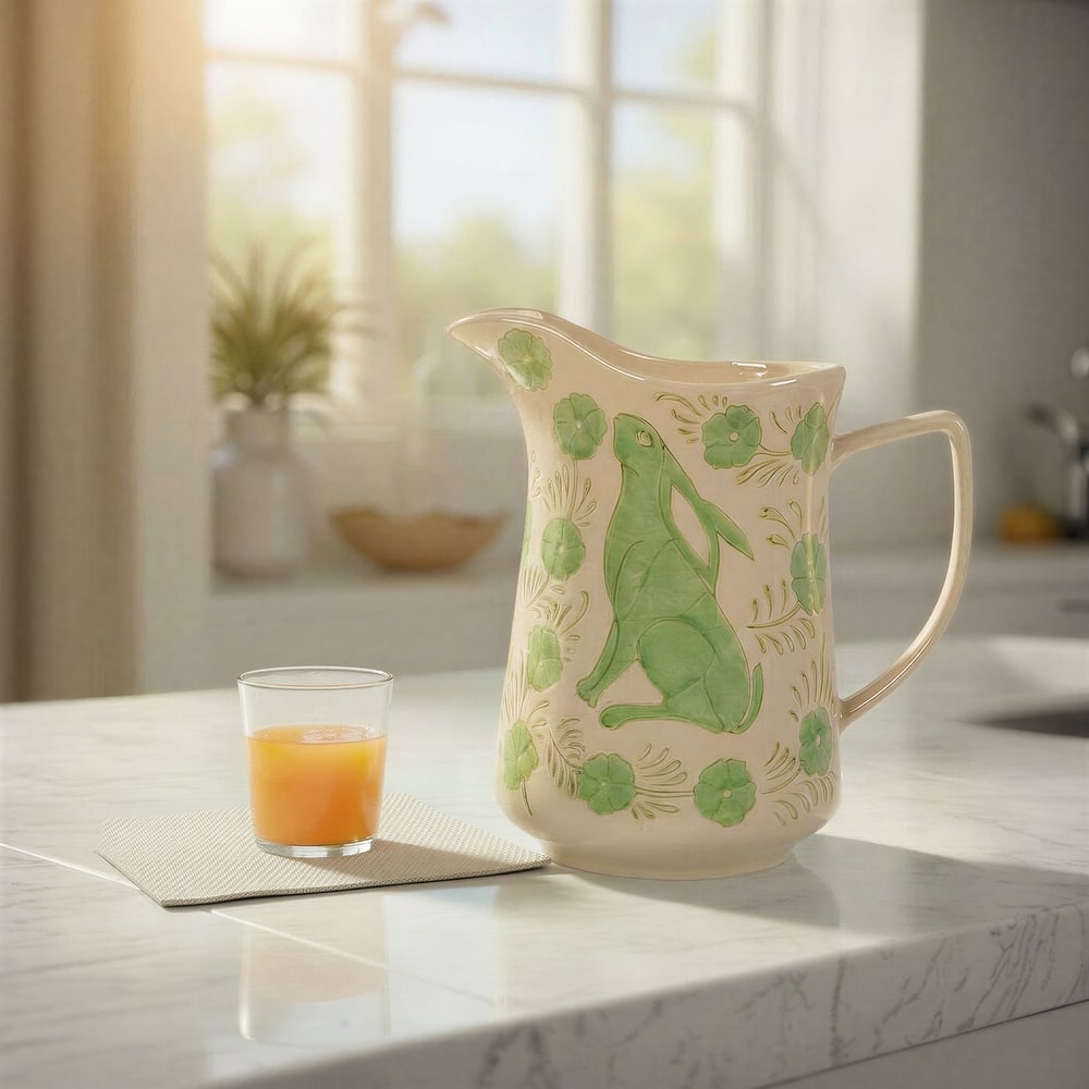 Stoneware Pitcher with Painted Rabbit and Florals