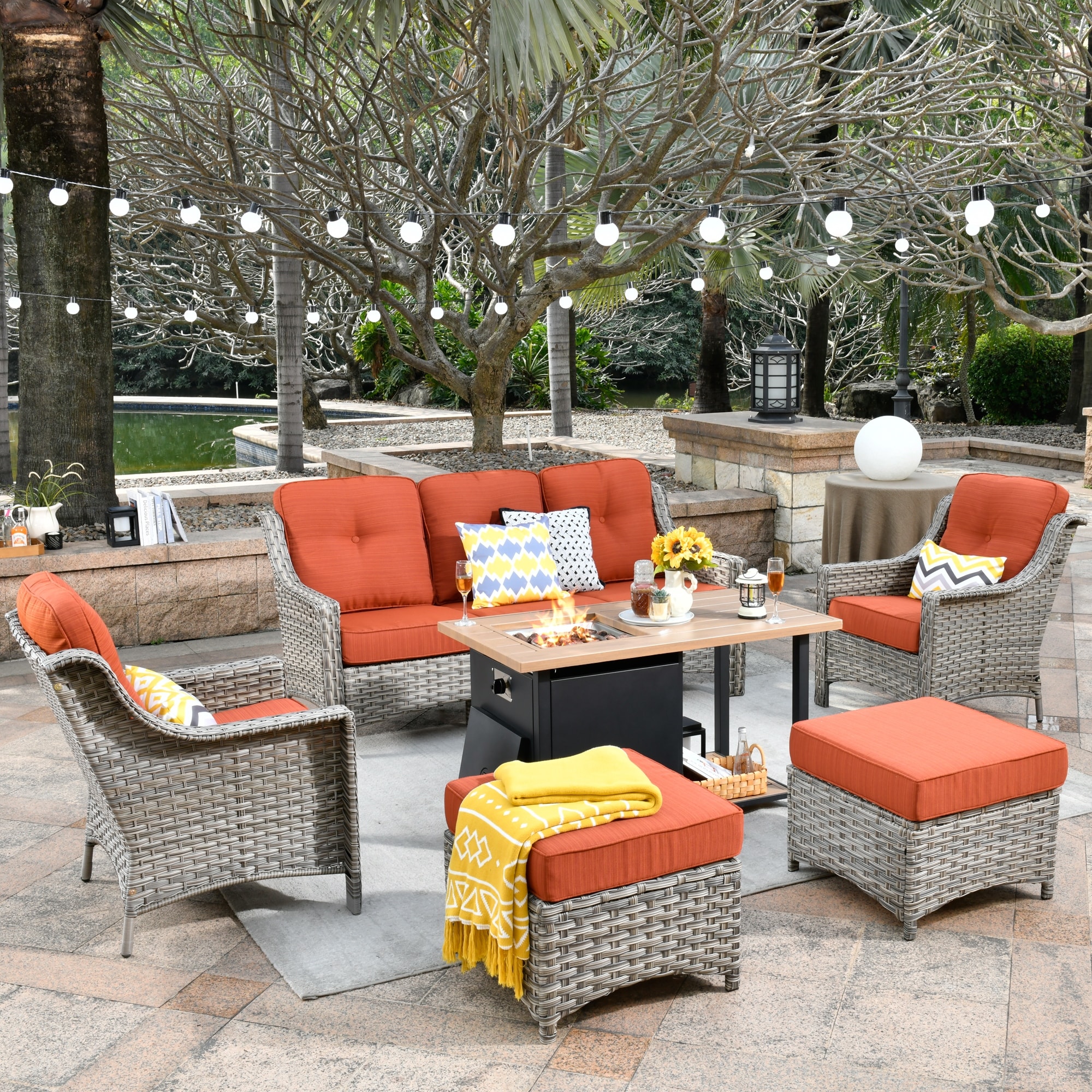 XIZZI 6 Piece Wicker Patio Furniture Conversation Seating Set with Fire Pit Bed Bath Beyond 40226809