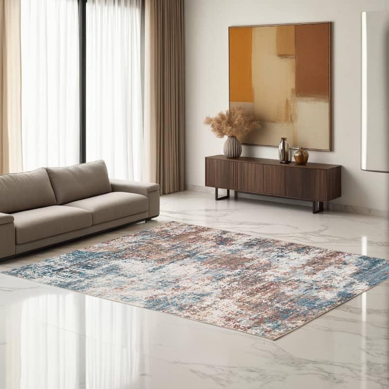 Bea 8 x 10 Large Area Rug, Machine Woven Abstract Pattern, Brown Blue - 8' x 10'