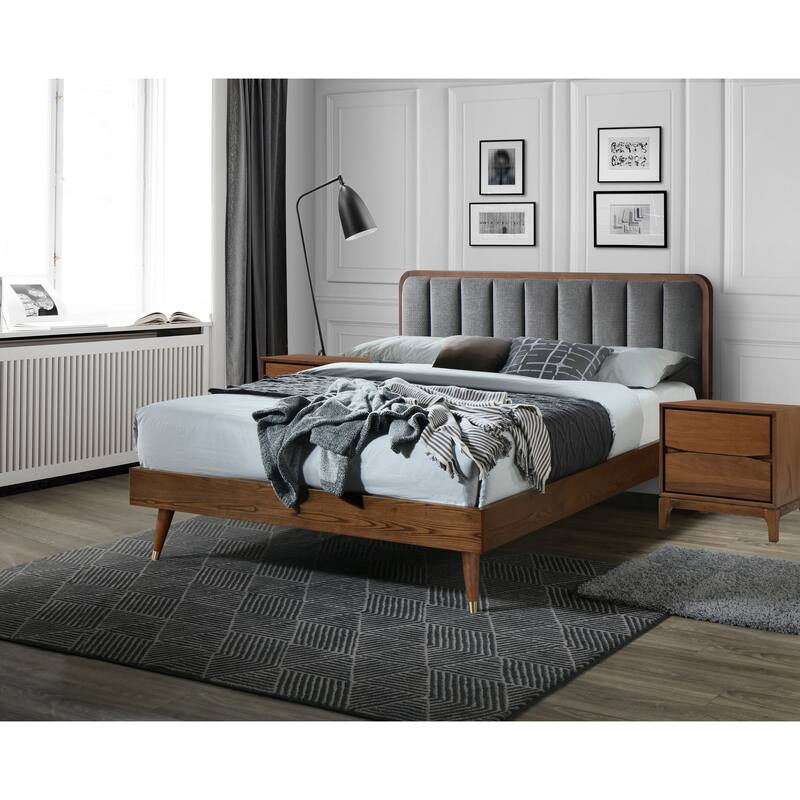 Queen Size Platform Wooden Bed with Upholstered Headboard and Gold-Tone Legs