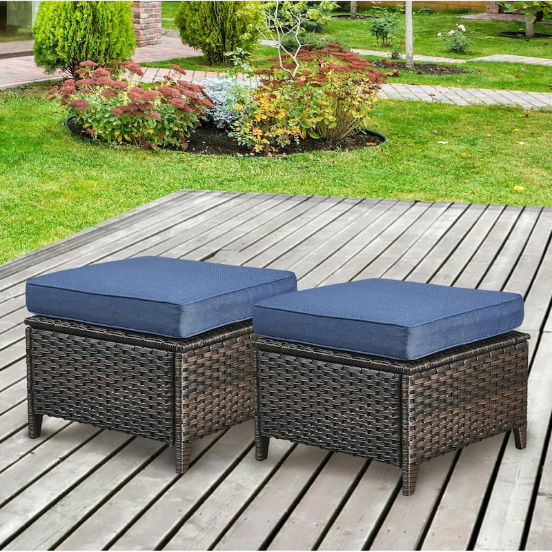Gymojoy Outdoor Durable Wicker Ottomans with Olefin Cushions - 2-Piece - Brown Wicker / Blue Cusion