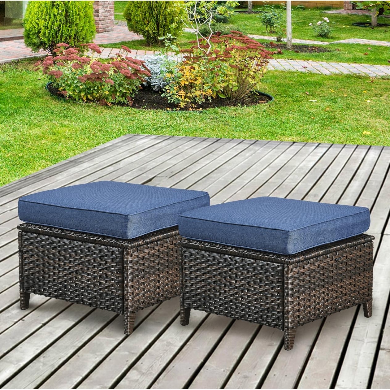 Gymojoy Outdoor Durable Wicker Ottomans with Olefin Cushions