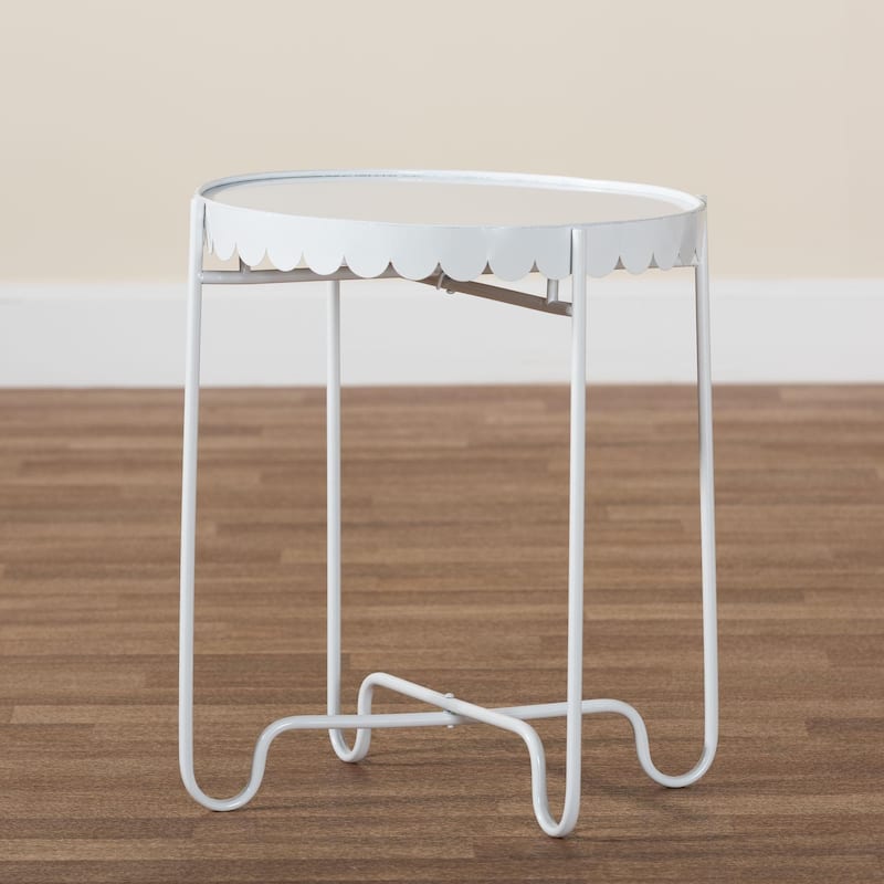 Laverne Metal Side Table with Scalloped Tray Top - Round Accent Table with Decorative Base for Indoor or Semi-Outdoor Use