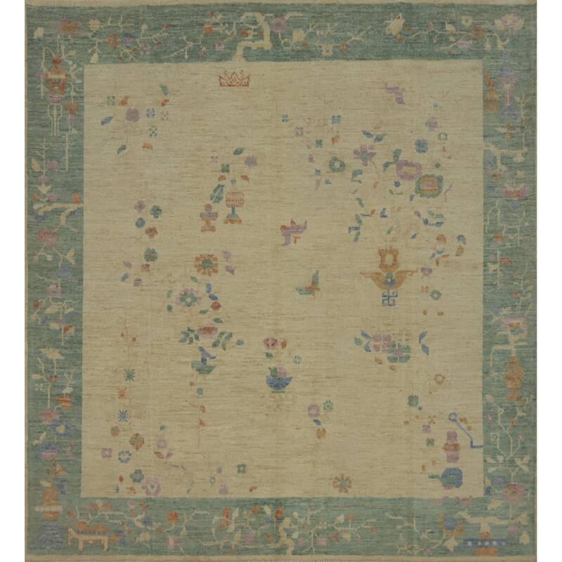 Hand Knotted Oriental 100% Wool Carpet Traditional Floral Beige & Ivories Art Deco Area Rug - 6' 9'' X 7' 1''
