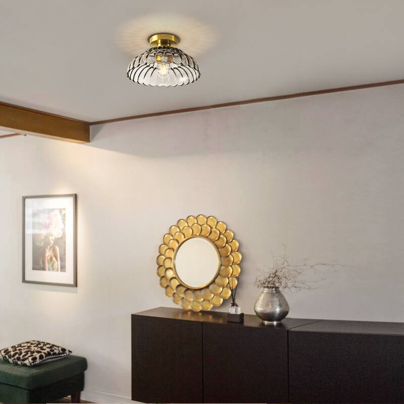 1-Light Vintage Brass Finish Metal Semi-Flush Mount Ceiling Light with Amber/Green/Grey/Clear Glass Shade for Kitchen, Hallway