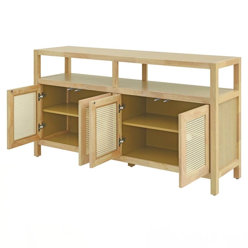 Rattan Buffet Storage Cabinet with Solid Wood Frame, Sideboard with 3-position Adjustable Shelves for Living & Dining Rooms