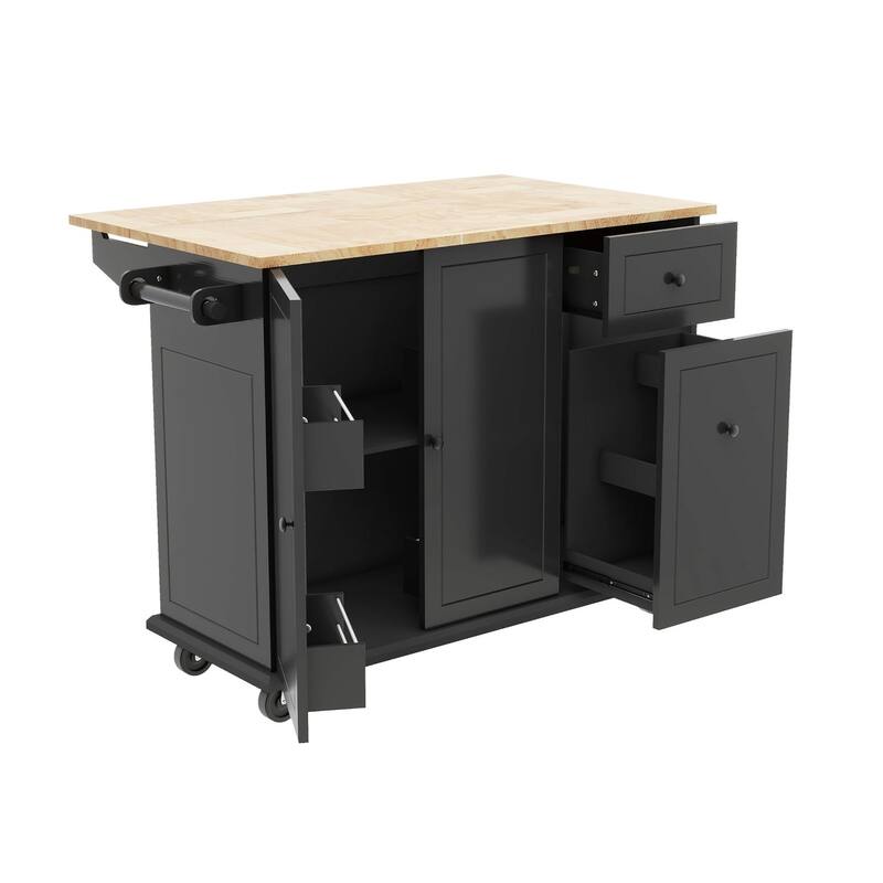 Rubberwood Kitchen Cart with Drop Leaf, Internal Storage Rack, and 2 Drawers