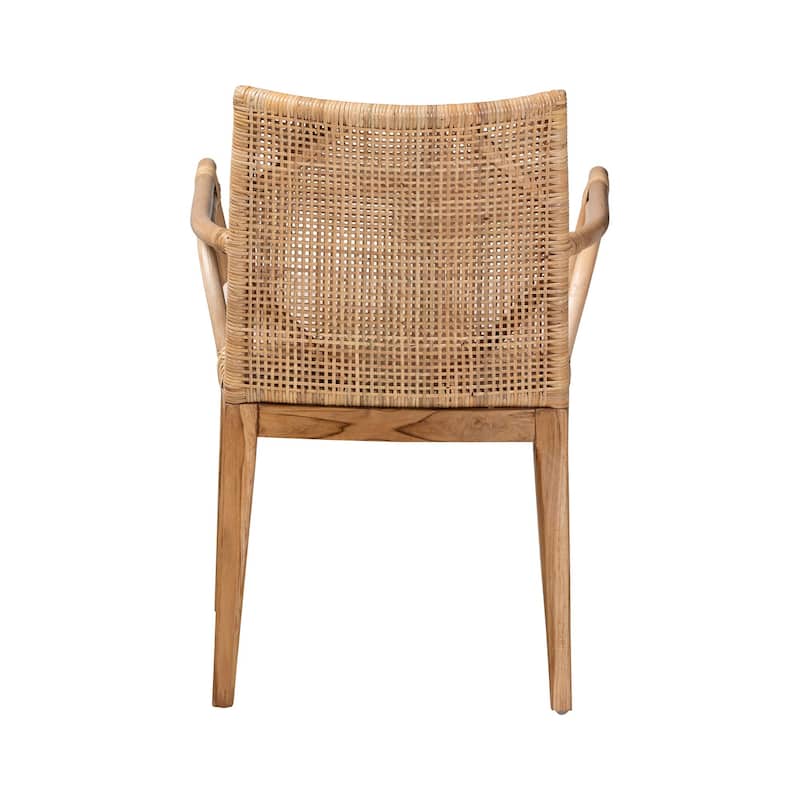 Storsel Modern Bohemian Natural Brown Finished Teak Wood and Rattan Dining Chair with Cream Fabric Cushion