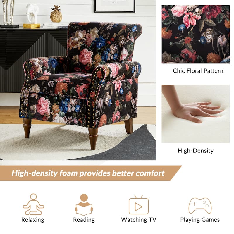 Nyctelius Traditional Polyester Accent Chair with Rolled Arms and Nailhead Trim by HULALA HOME