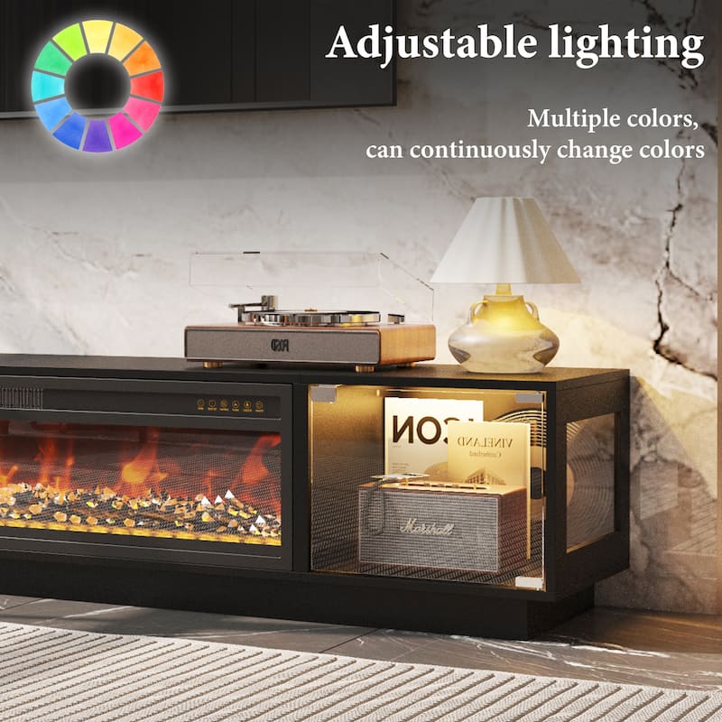 Modern Black Fireplace TV Stand Combo,Remote Fireplace Heater,2 Drawers,Light Strip & USB