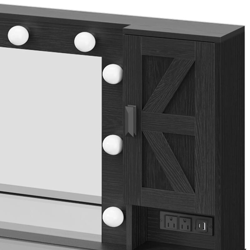 Moasis Farmhouse Makeup Vanity Desk Set with Mirror and Lights, Charging Station and Storage Stool