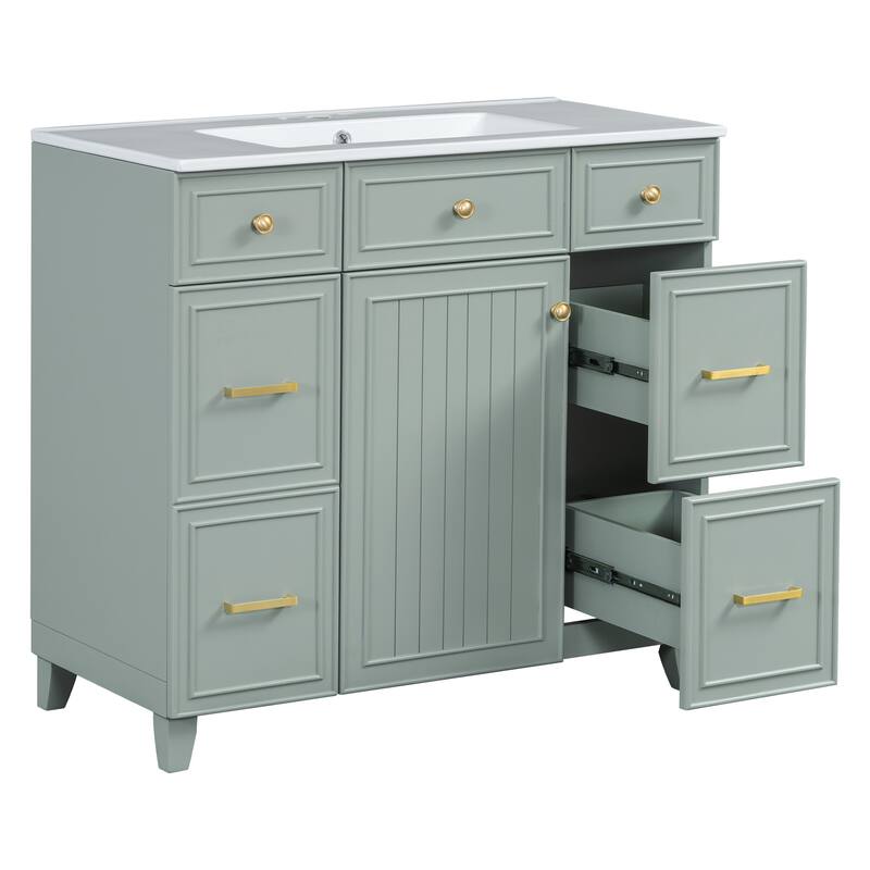Roomfitters 36" Bathroom Vanity with Ceramic Sink, Solid Wood Frame, Soft Close Doors and 3 Drawers