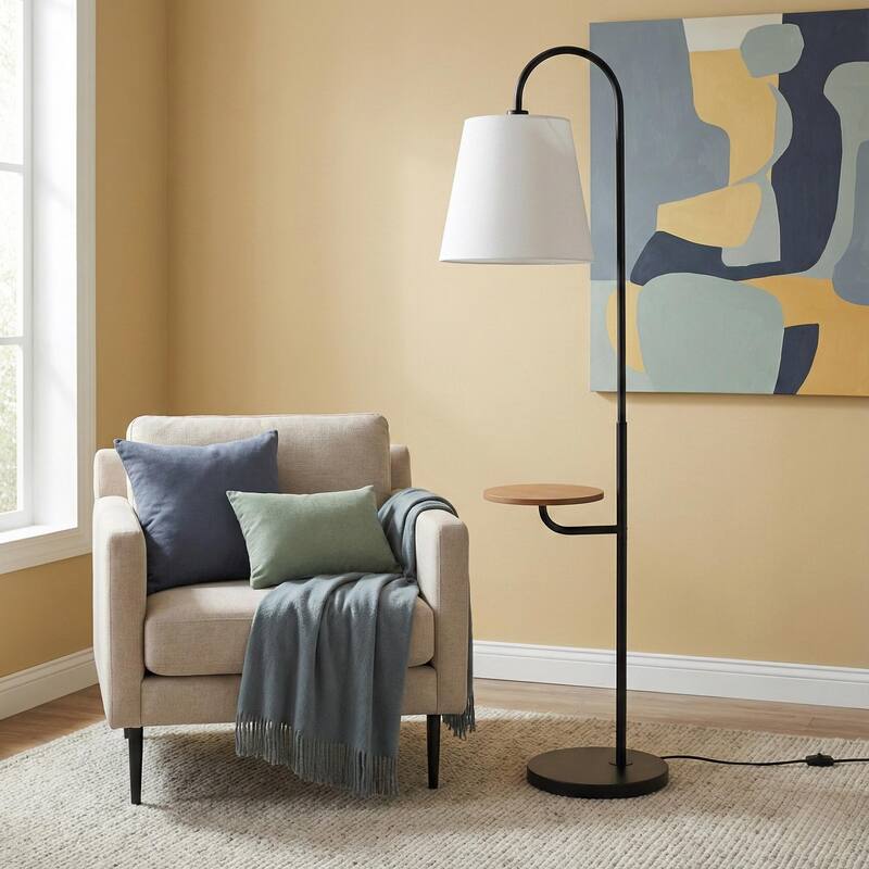Linda Black Floor Lamp with Built-in Wooden Shelf and Fabric Shade