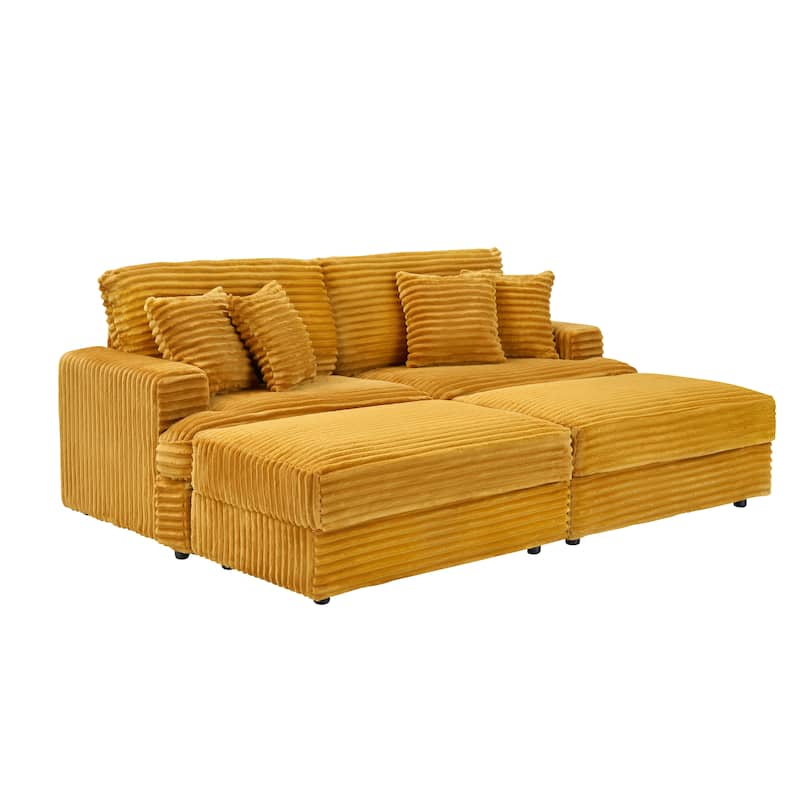 Orange Corduroy Sleeper Sectional Sofa Bed, Loveseat Couch & Storage Ottomans Set with Pillows and Removable Cushions