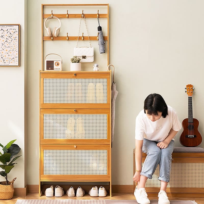 Shoe Cabinet with 3 Rattan Flip Drawers, Bamboo Shoe Storage Cabinet with Coat Hooks, Freestanding Shoe Cabinet Storage