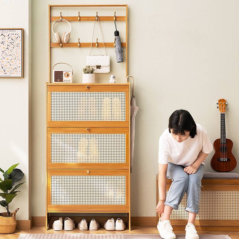Shoe Cabinet with 3 Rattan Flip Drawers, Shoe Storage Cabinet with Coat Hooks, Freestanding Bamboo Shoe Rack Organizer