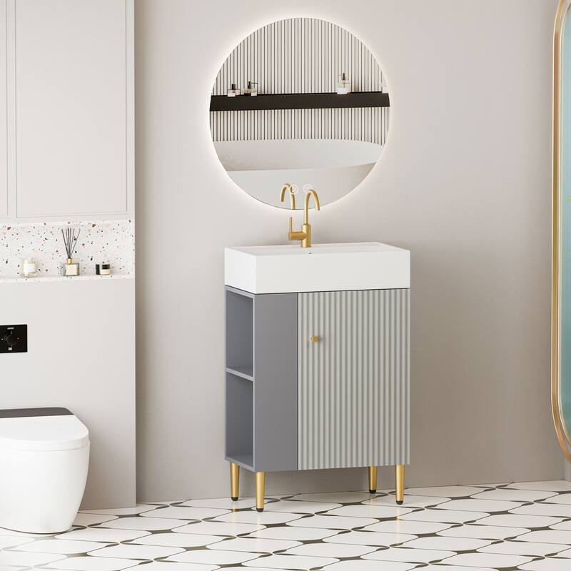Compact White Bathroom Vanity with Ceramic Sink, Soft-Closing Cabinet, and Brushed Copper Accents for Small Spaces