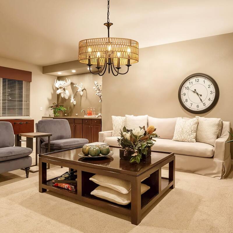 Chandelier Light Fixtures, 5-Lights Rattan Pendant Lighting with Hand Woven Wicker Shade, Brown Chandeliers for Dining Room